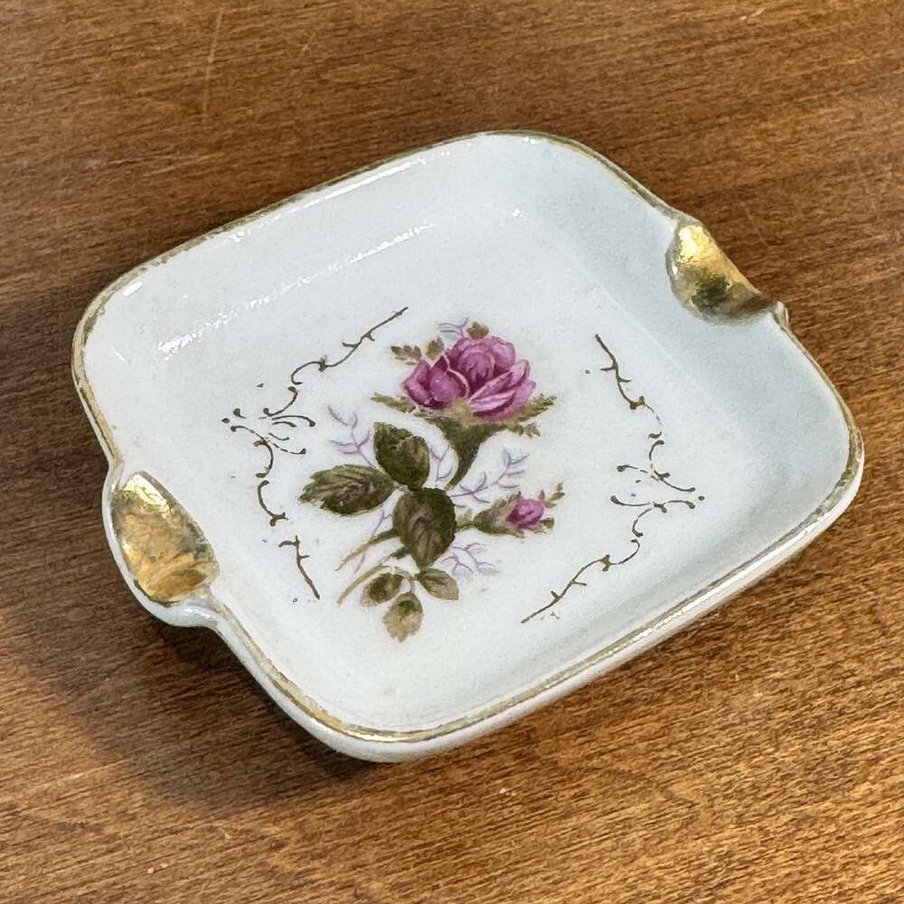 Vintage Hand Painted Floral Rose Ashtray Gold Trim Ceramic Trinket Dish Small